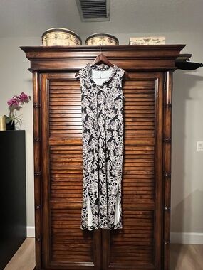 Lulu B Sleeveless Ruffle Neck Black & Tan Maxi Dress Med Nautical Coastal UPF 50